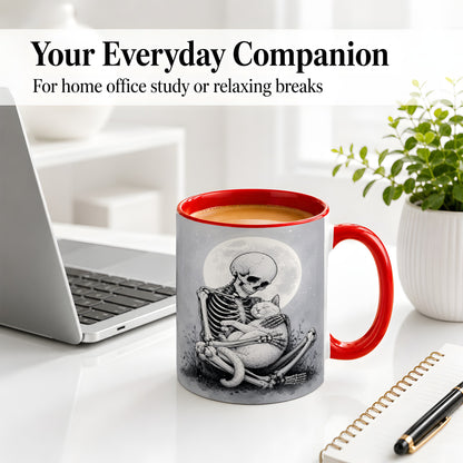 #pl[11oz|Red] Skeleton Cat Hug Ceramic Mug, Full Moon Spooky Art for Cat Lovers