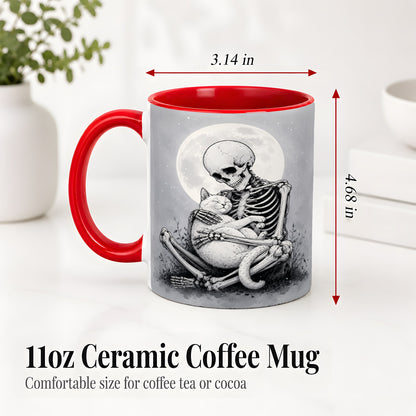 #pl[11oz|Red] Skeleton Cat Hug Ceramic Mug, Full Moon Spooky Art for Cat Lovers