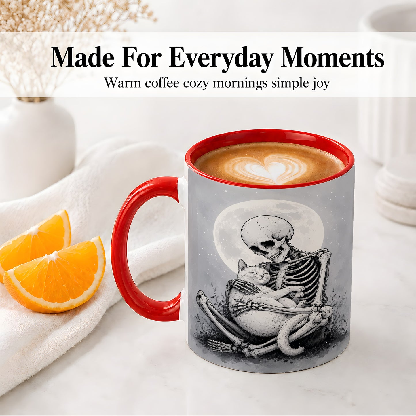 #pl[11oz|Red] Skeleton Cat Hug Ceramic Mug, Full Moon Spooky Art for Cat Lovers