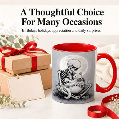 #pl[11oz|Red] Skeleton Cat Hug Ceramic Mug, Full Moon Spooky Art for Cat Lovers
