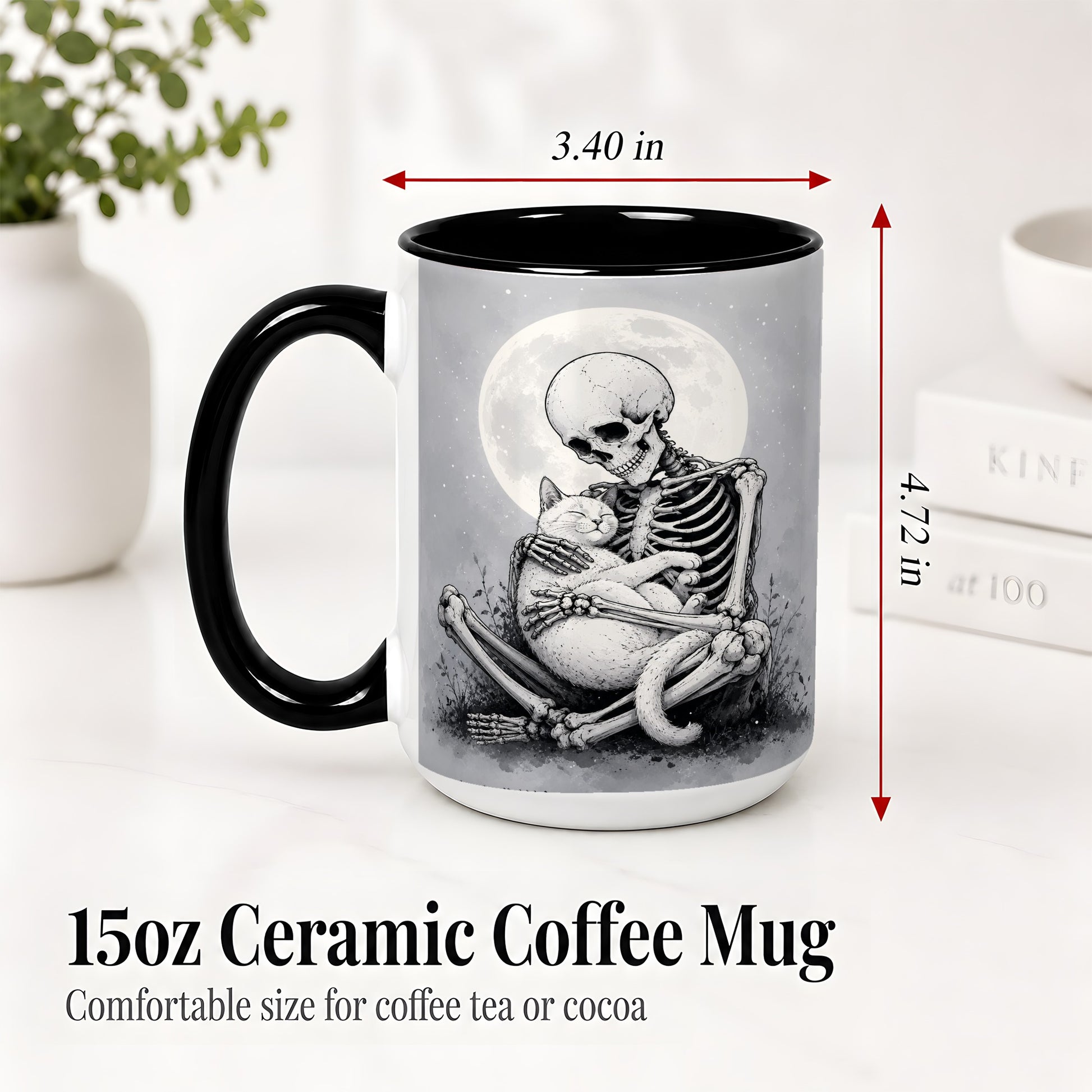 #pl[15oz|Black] Skeleton Cat Hug Ceramic Mug, Full Moon Spooky Art for Cat Lovers