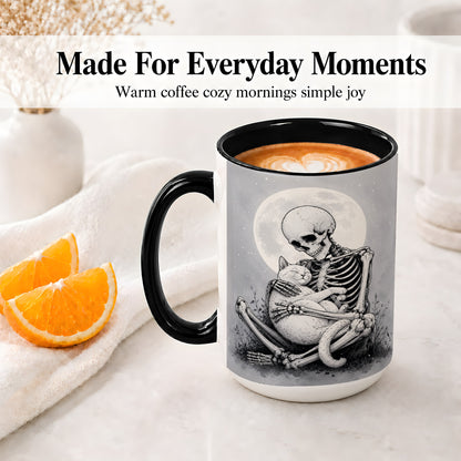 #pl[15oz|Black] Skeleton Cat Hug Ceramic Mug, Full Moon Spooky Art for Cat Lovers