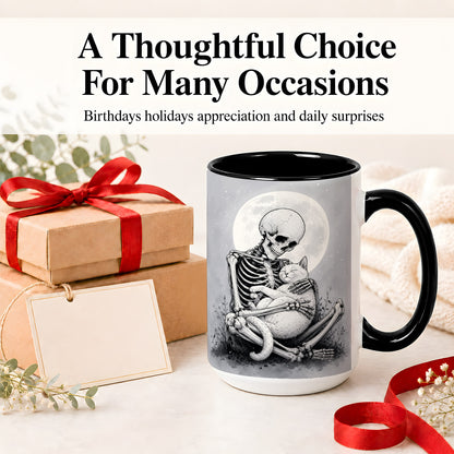 #pl[15oz|Black] Skeleton Cat Hug Ceramic Mug, Full Moon Spooky Art for Cat Lovers