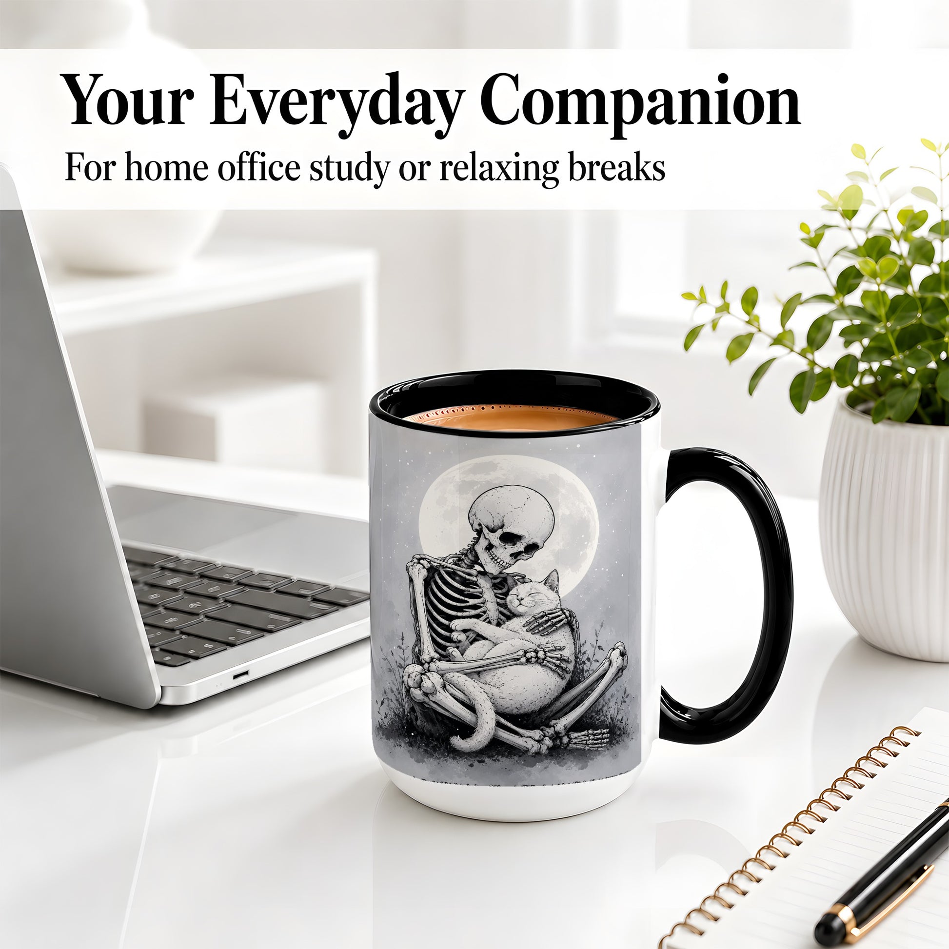#pl[15oz|Black] Skeleton Cat Hug Ceramic Mug, Full Moon Spooky Art for Cat Lovers