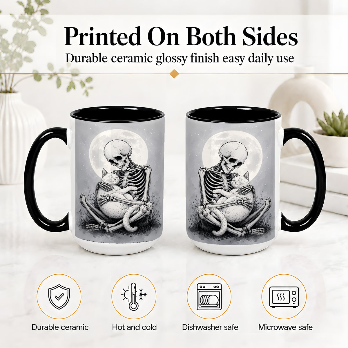 #pl[15oz|Black] Skeleton Cat Hug Ceramic Mug, Full Moon Spooky Art for Cat Lovers