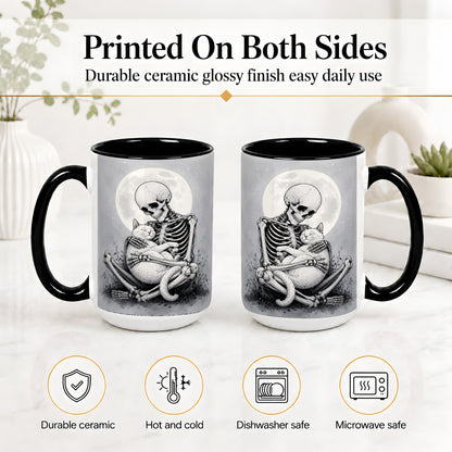 #pl[15oz|Black] Skeleton Cat Hug Ceramic Mug, Full Moon Spooky Art for Cat Lovers