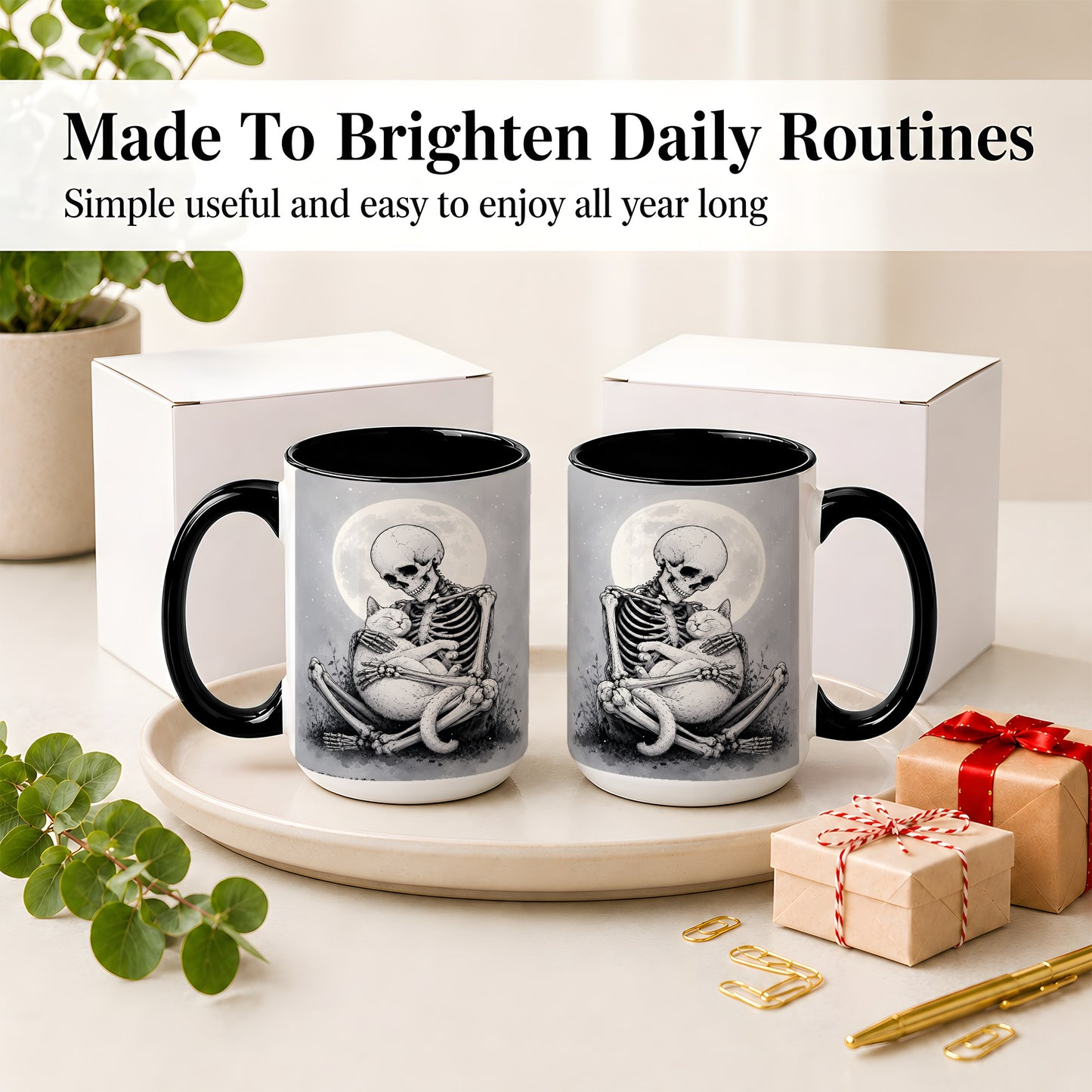 #pl[15oz|Black] Skeleton Cat Hug Ceramic Mug, Full Moon Spooky Art for Cat Lovers