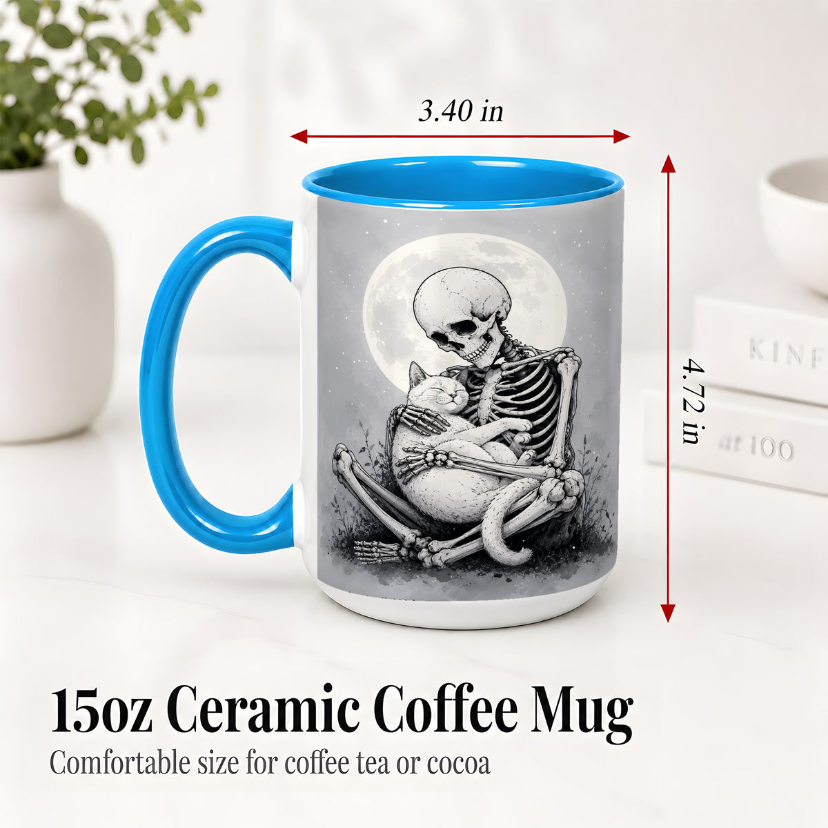 #pl[15oz|Blue] Skeleton Cat Hug Ceramic Mug, Full Moon Spooky Art for Cat Lovers