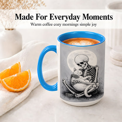 #pl[15oz|Blue] Skeleton Cat Hug Ceramic Mug, Full Moon Spooky Art for Cat Lovers