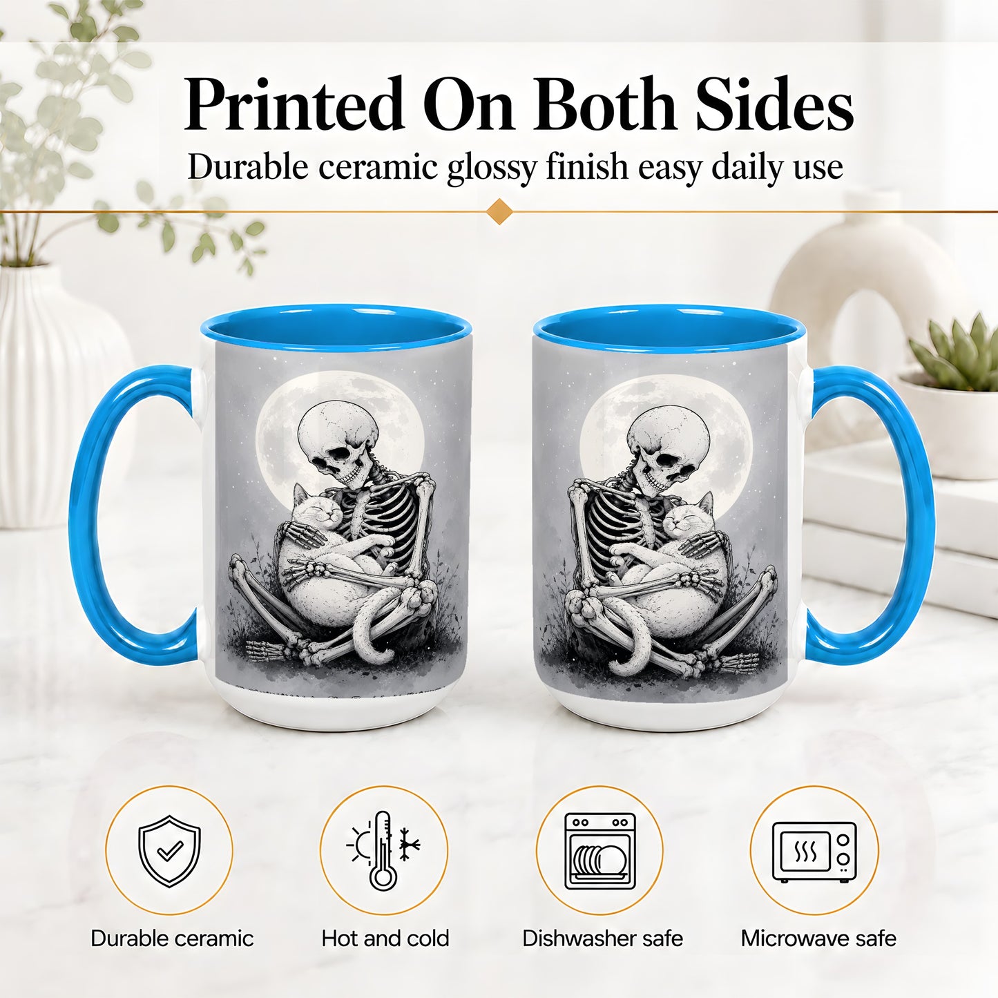 #pl[15oz|Blue] Skeleton Cat Hug Ceramic Mug, Full Moon Spooky Art for Cat Lovers