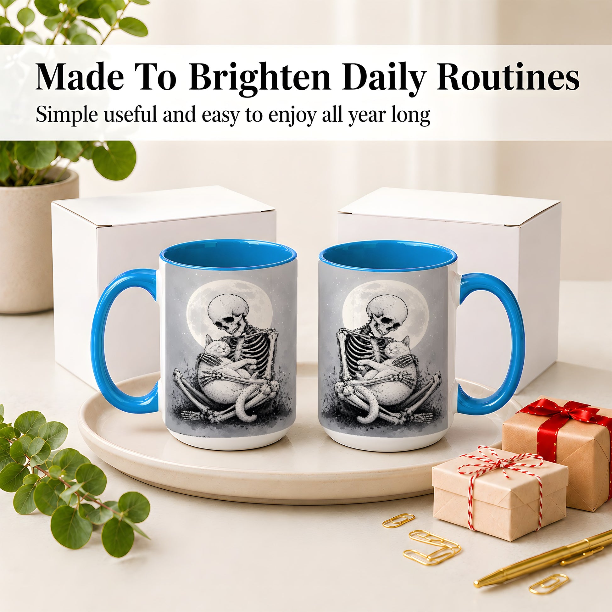 #pl[15oz|Blue] Skeleton Cat Hug Ceramic Mug, Full Moon Spooky Art for Cat Lovers