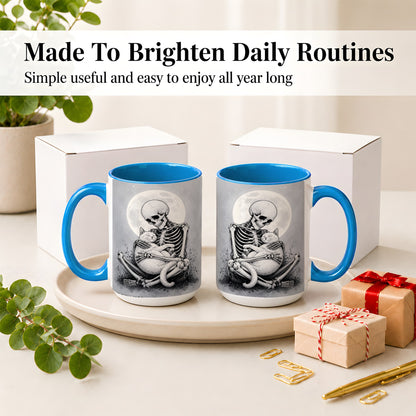 #pl[15oz|Blue] Skeleton Cat Hug Ceramic Mug, Full Moon Spooky Art for Cat Lovers