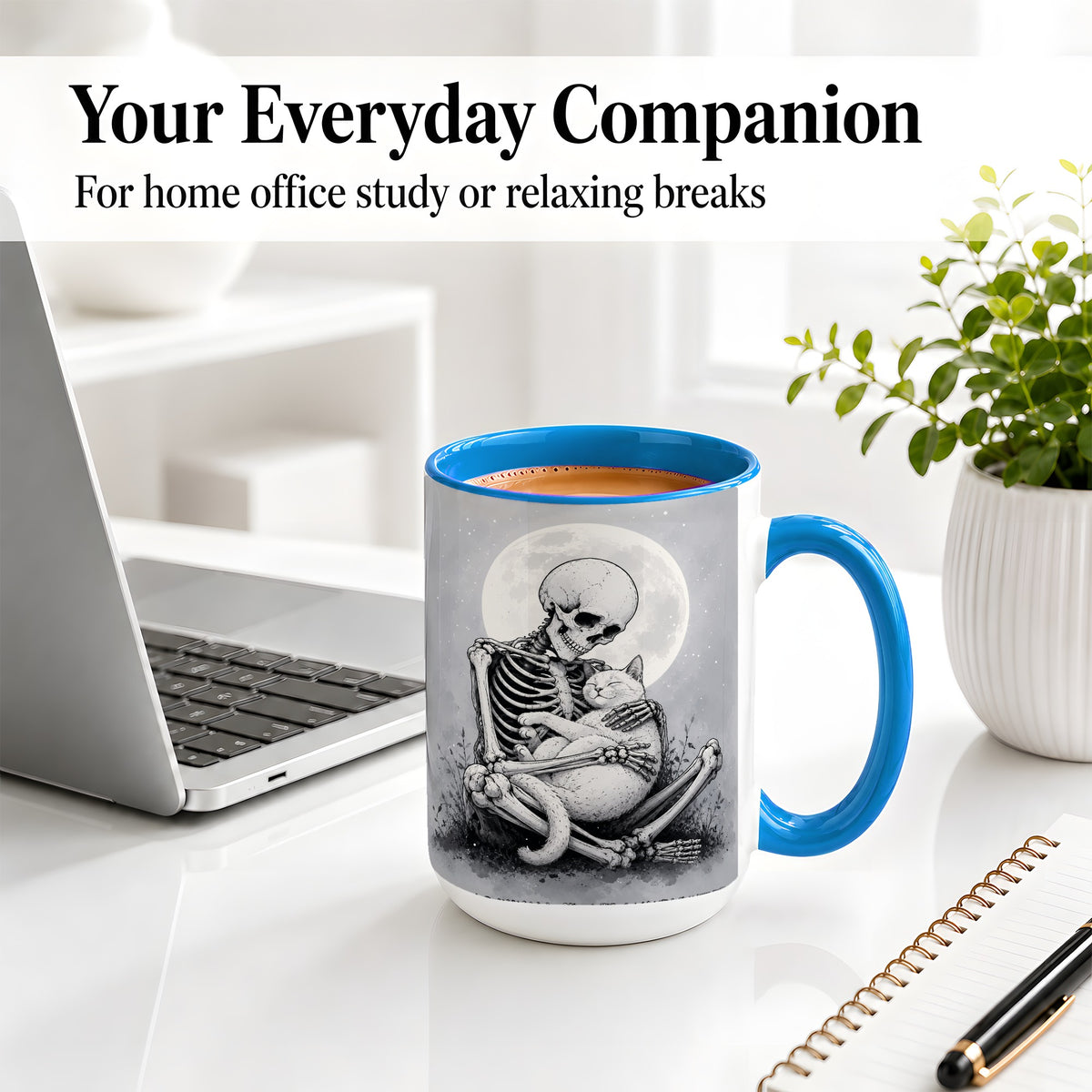 #pl[15oz|Blue] Skeleton Cat Hug Ceramic Mug, Full Moon Spooky Art for Cat Lovers