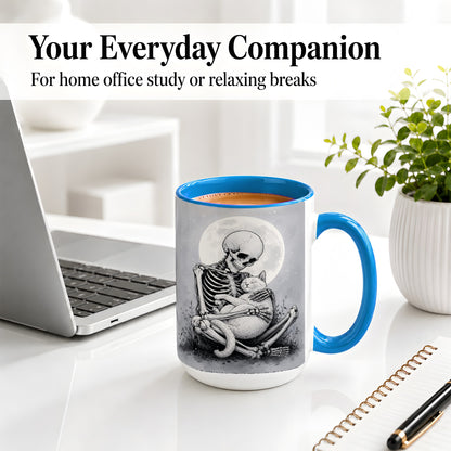 #pl[15oz|Blue] Skeleton Cat Hug Ceramic Mug, Full Moon Spooky Art for Cat Lovers