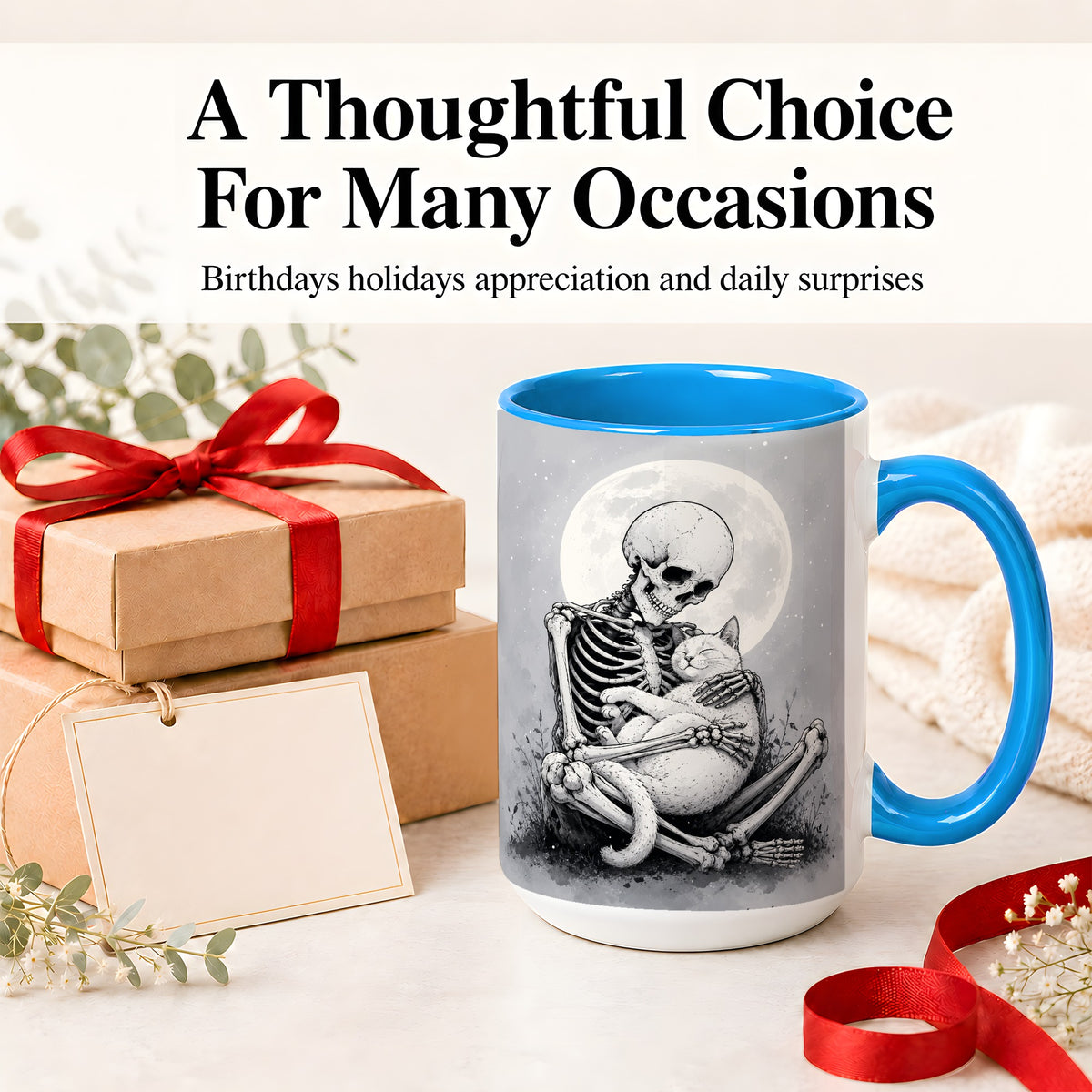 #pl[15oz|Blue] Skeleton Cat Hug Ceramic Mug, Full Moon Spooky Art for Cat Lovers