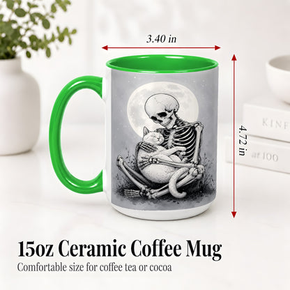 #pl[15oz|Green] Skeleton Cat Hug Ceramic Mug, Full Moon Spooky Art for Cat Lovers