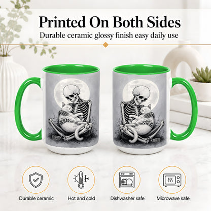 #pl[15oz|Green] Skeleton Cat Hug Ceramic Mug, Full Moon Spooky Art for Cat Lovers