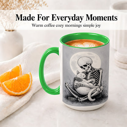 #pl[15oz|Green] Skeleton Cat Hug Ceramic Mug, Full Moon Spooky Art for Cat Lovers