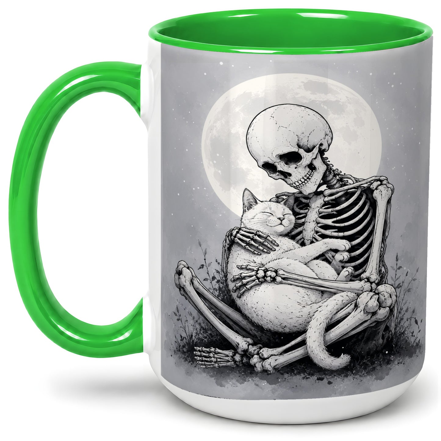 #pl[15oz|Green] Skeleton Cat Hug Ceramic Mug, Full Moon Spooky Art for Cat Lovers