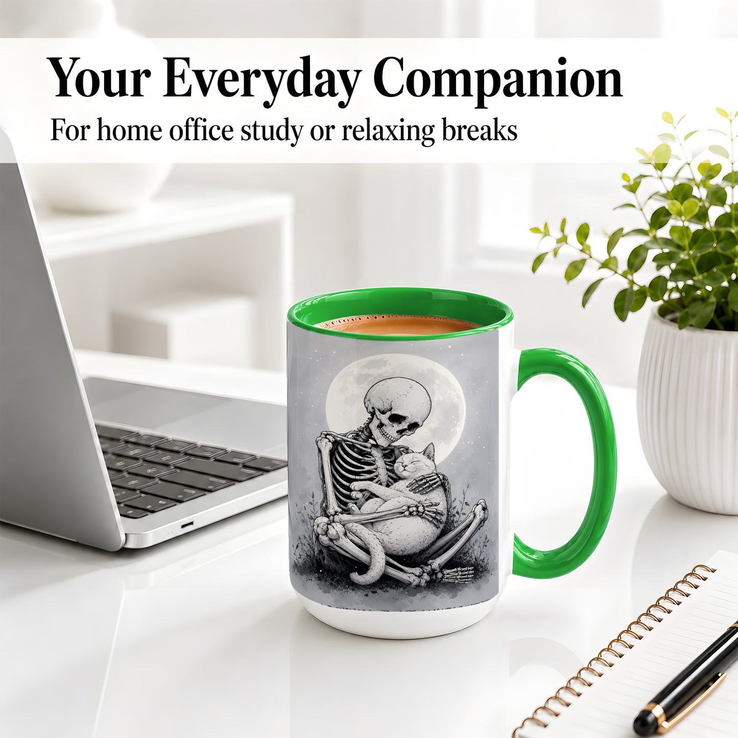#pl[15oz|Green] Skeleton Cat Hug Ceramic Mug, Full Moon Spooky Art for Cat Lovers