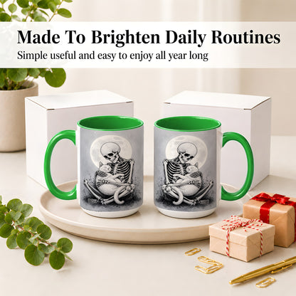 #pl[15oz|Green] Skeleton Cat Hug Ceramic Mug, Full Moon Spooky Art for Cat Lovers