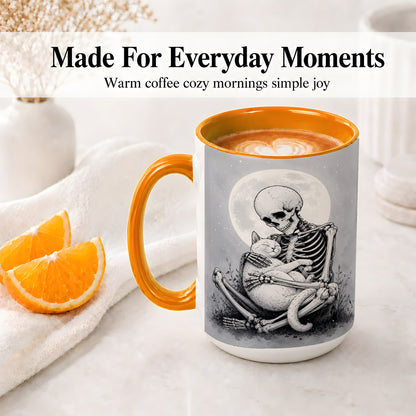 #pl[15oz|Orange] Skeleton Cat Hug Ceramic Mug, Full Moon Spooky Art for Cat Lovers
