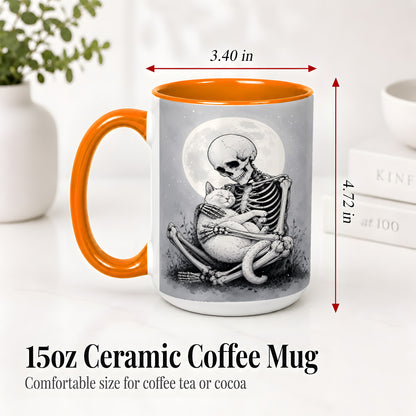 #pl[15oz|Orange] Skeleton Cat Hug Ceramic Mug, Full Moon Spooky Art for Cat Lovers
