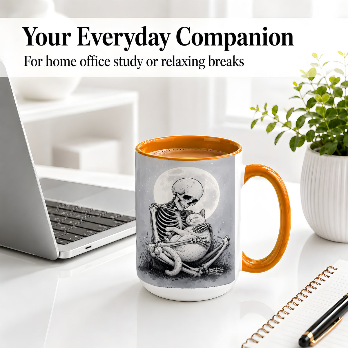 #pl[15oz|Orange] Skeleton Cat Hug Ceramic Mug, Full Moon Spooky Art for Cat Lovers