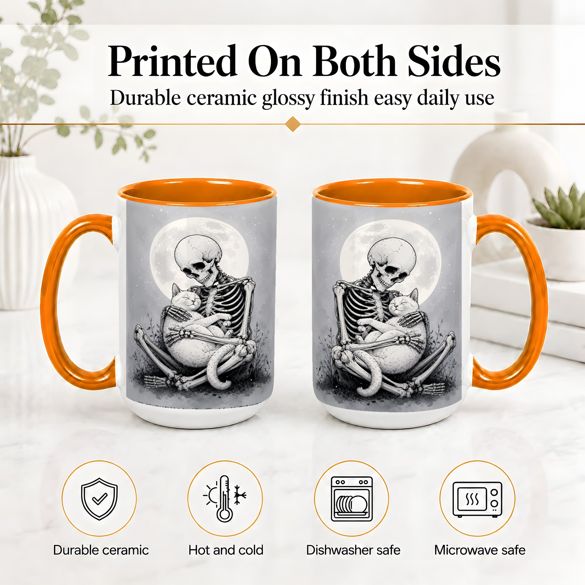 #pl[15oz|Orange] Skeleton Cat Hug Ceramic Mug, Full Moon Spooky Art for Cat Lovers