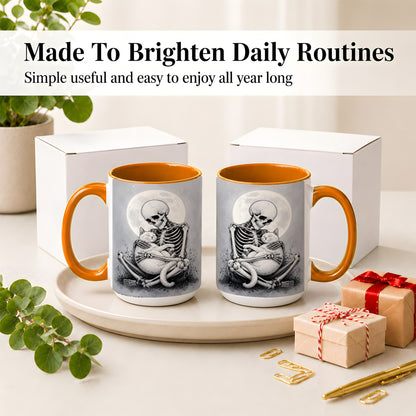#pl[15oz|Orange] Skeleton Cat Hug Ceramic Mug, Full Moon Spooky Art for Cat Lovers