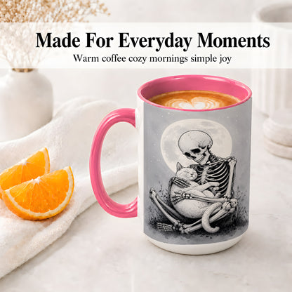 #pl[15oz|Pink] Skeleton Cat Hug Ceramic Mug, Full Moon Spooky Art for Cat Lovers