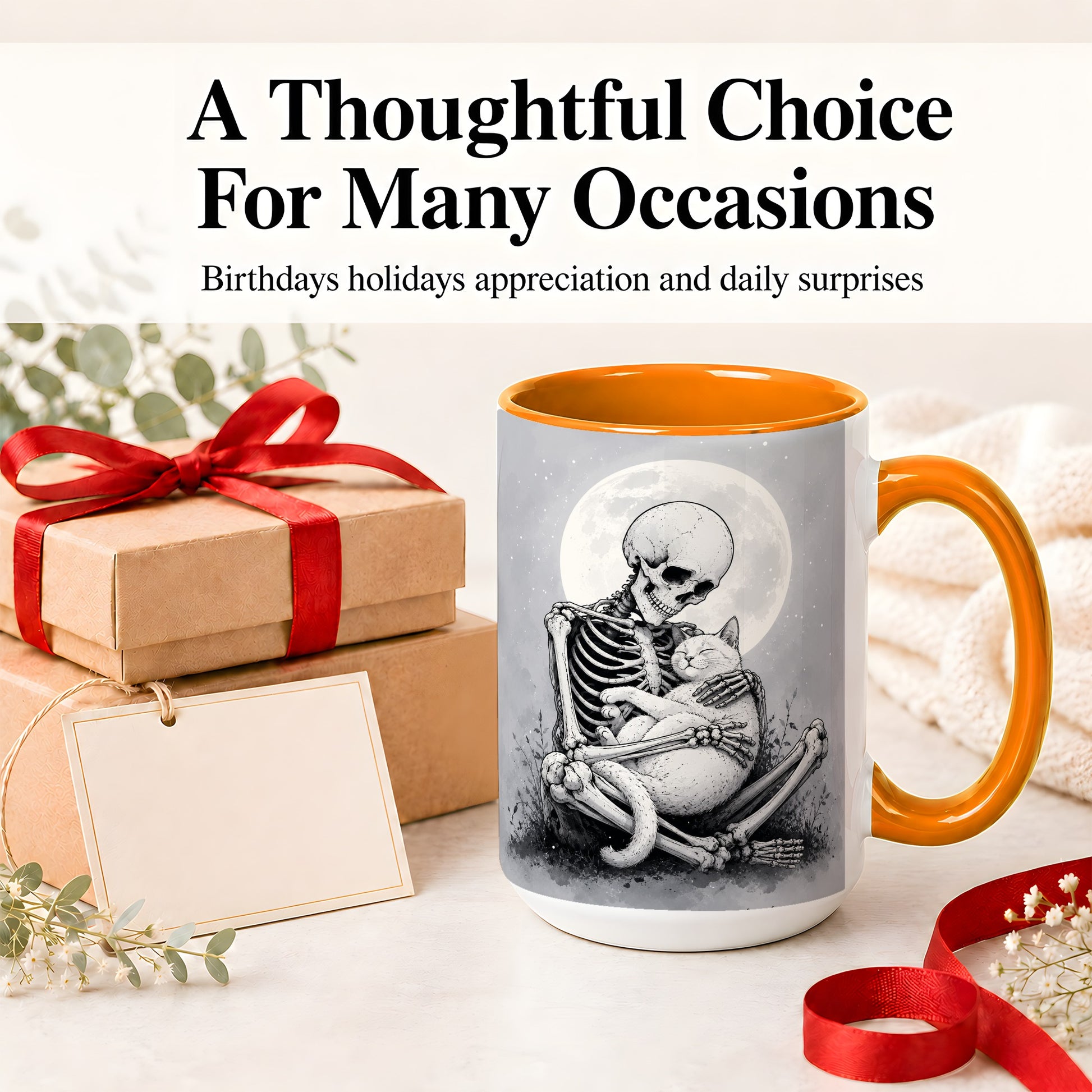 #pl[15oz|Orange] Skeleton Cat Hug Ceramic Mug, Full Moon Spooky Art for Cat Lovers