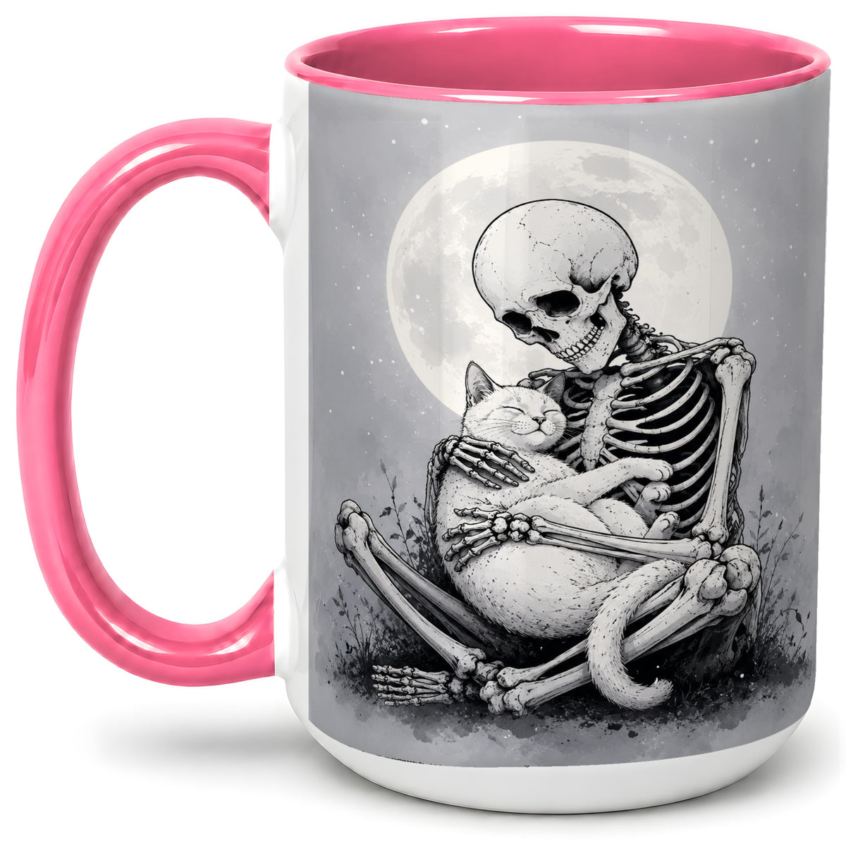 #pl[15oz|Pink] Skeleton Cat Hug Ceramic Mug, Full Moon Spooky Art for Cat Lovers