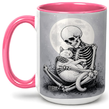 #pl[15oz|Pink] Skeleton Cat Hug Ceramic Mug, Full Moon Spooky Art for Cat Lovers