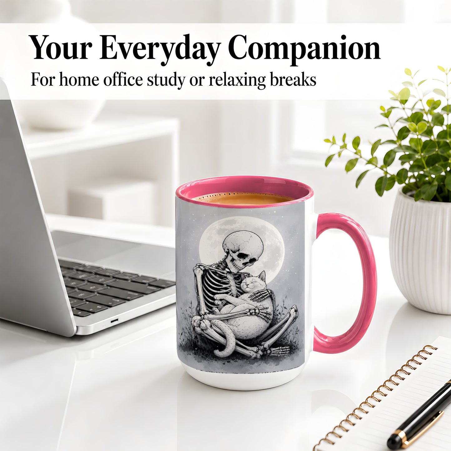 #pl[15oz|Pink] Skeleton Cat Hug Ceramic Mug, Full Moon Spooky Art for Cat Lovers