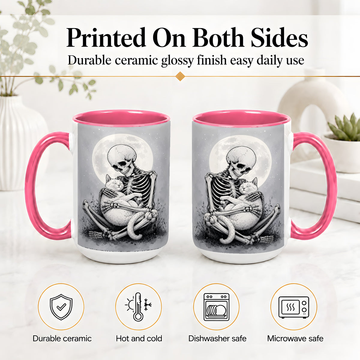 #pl[15oz|Pink] Skeleton Cat Hug Ceramic Mug, Full Moon Spooky Art for Cat Lovers