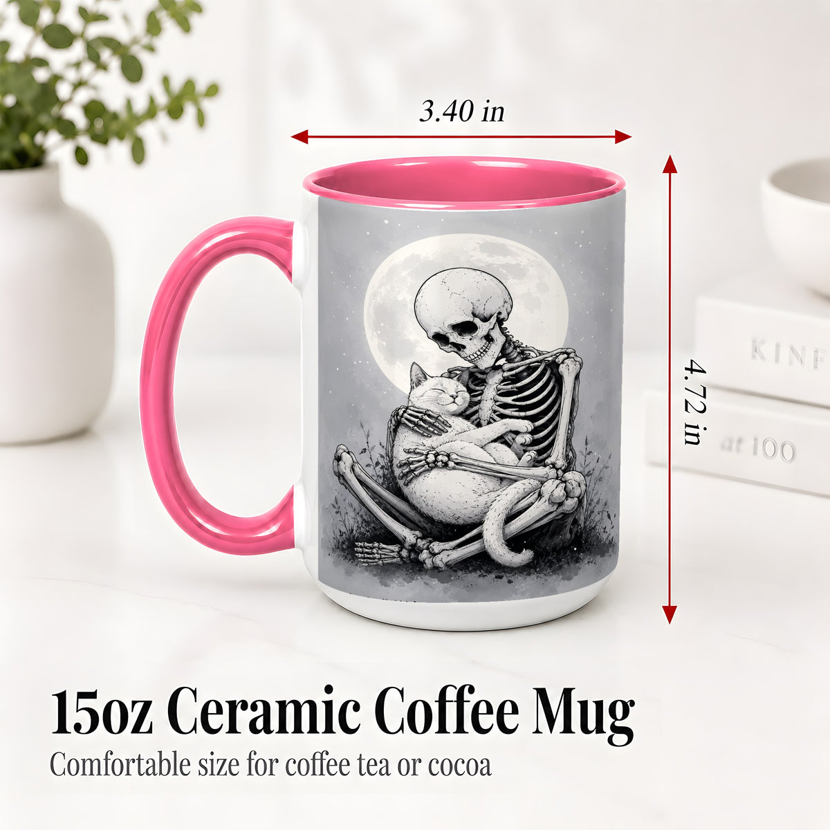 #pl[15oz|Pink] Skeleton Cat Hug Ceramic Mug, Full Moon Spooky Art for Cat Lovers