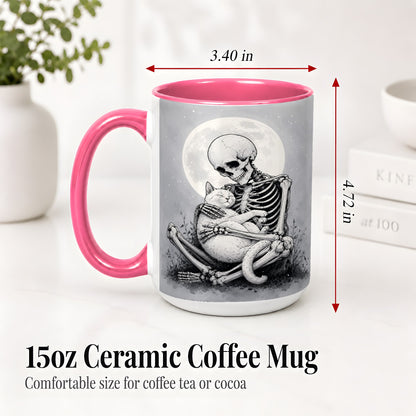 #pl[15oz|Pink] Skeleton Cat Hug Ceramic Mug, Full Moon Spooky Art for Cat Lovers