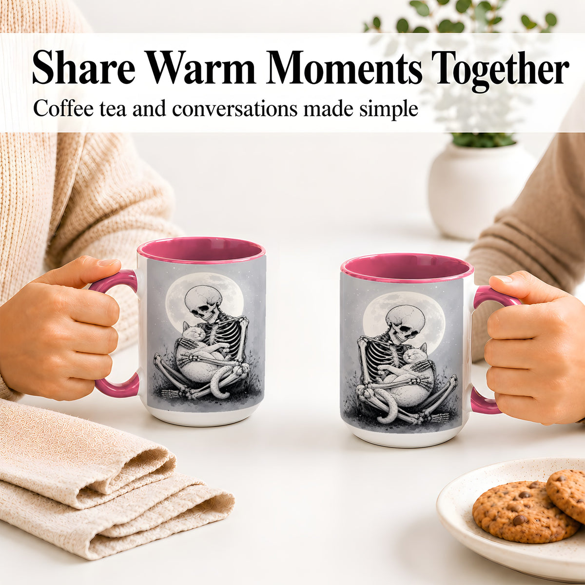 #pl[15oz|Pink] Skeleton Cat Hug Ceramic Mug, Full Moon Spooky Art for Cat Lovers