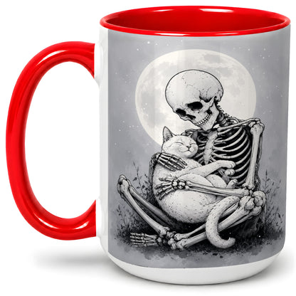 #pl[15oz|Red] Skeleton Cat Hug Ceramic Mug, Full Moon Spooky Art for Cat Lovers