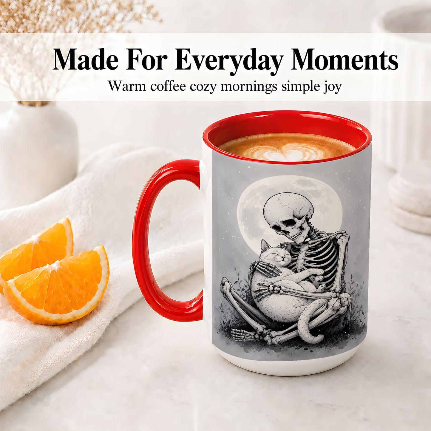 #pl[15oz|Red] Skeleton Cat Hug Ceramic Mug, Full Moon Spooky Art for Cat Lovers