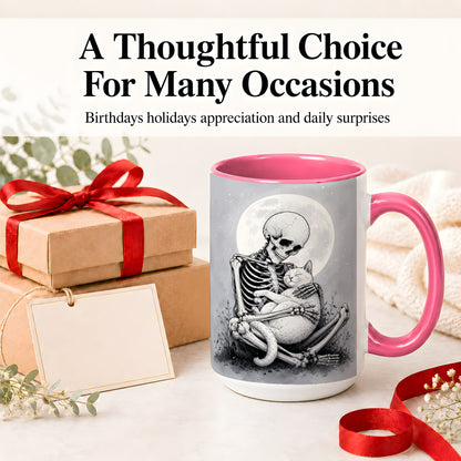 #pl[15oz|Pink] Skeleton Cat Hug Ceramic Mug, Full Moon Spooky Art for Cat Lovers
