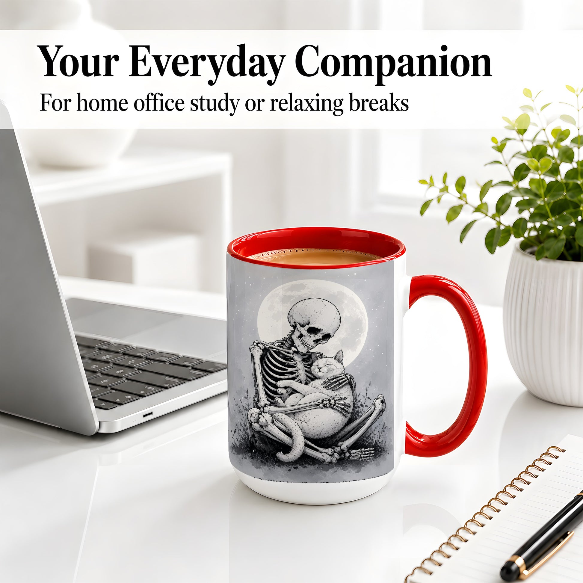 #pl[15oz|Red] Skeleton Cat Hug Ceramic Mug, Full Moon Spooky Art for Cat Lovers