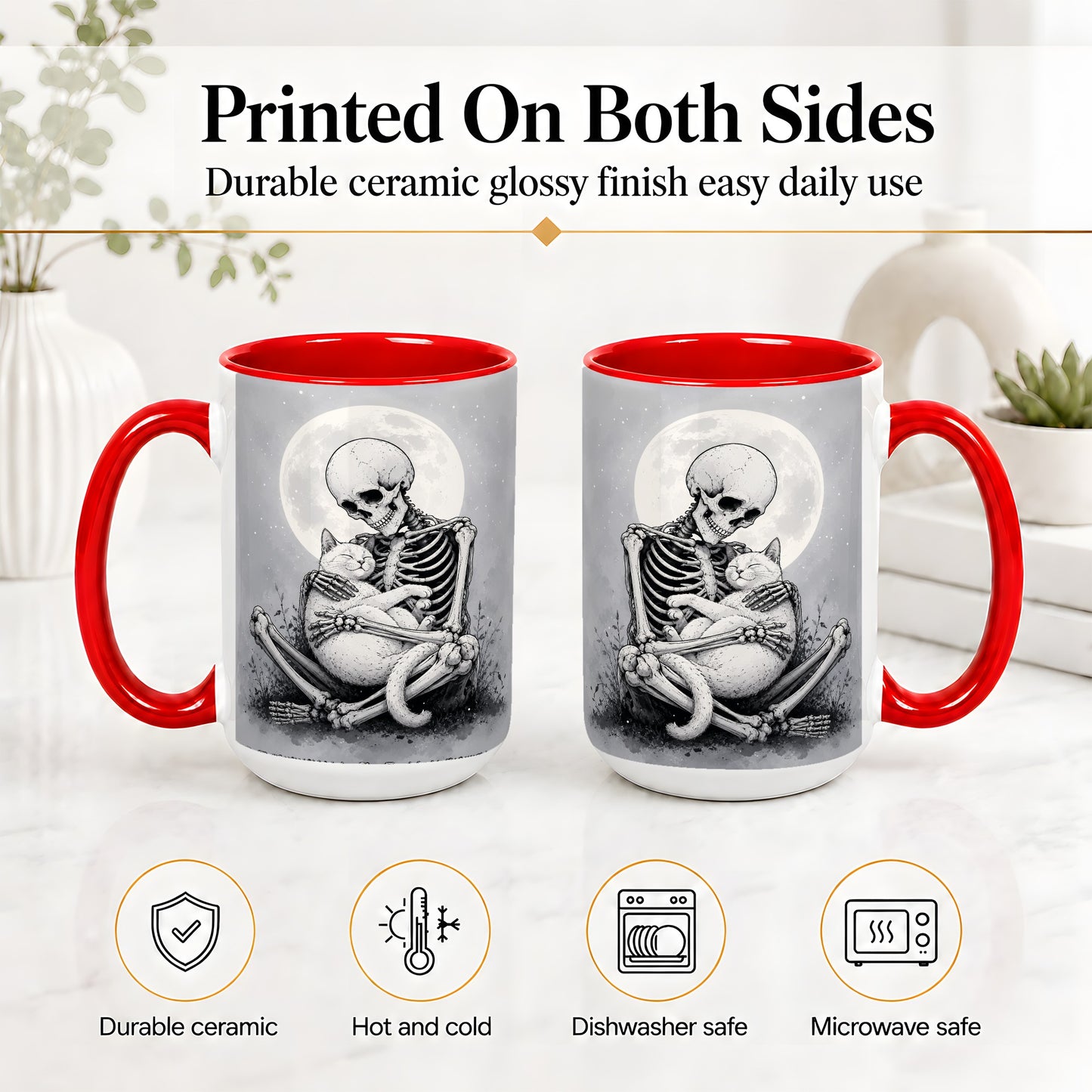 #pl[15oz|Red] Skeleton Cat Hug Ceramic Mug, Full Moon Spooky Art for Cat Lovers