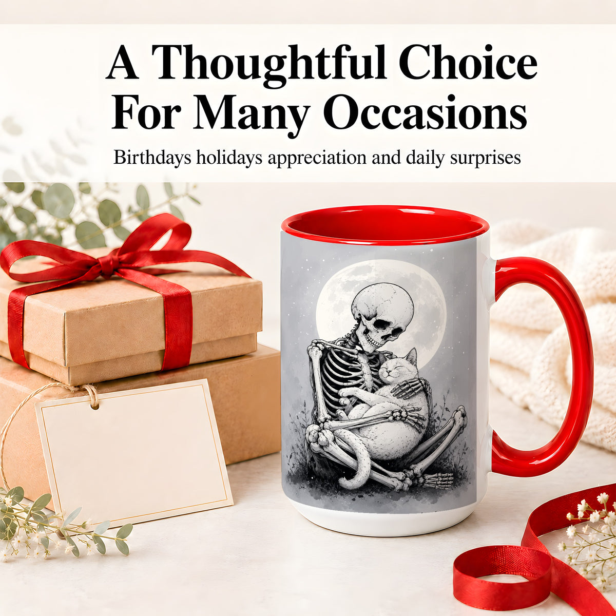 #pl[15oz|Red] Skeleton Cat Hug Ceramic Mug, Full Moon Spooky Art for Cat Lovers