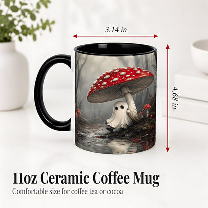 #pl[11oz|Black] Rainy Mushroom Ghost Ceramic Mug, Spooky Forest Art for Ghost Fans