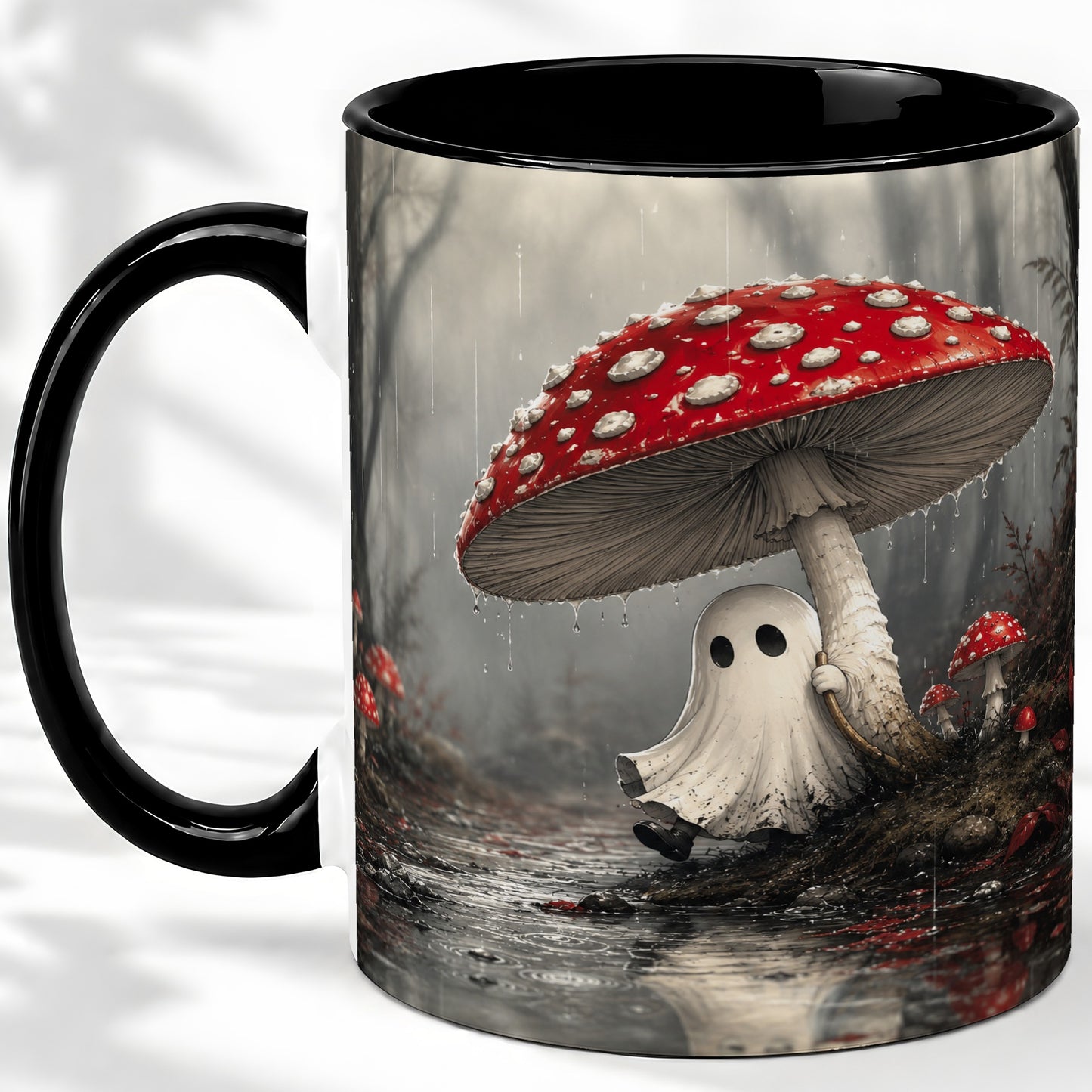 #pl[11oz|Black] Rainy Mushroom Ghost Ceramic Mug, Spooky Forest Art for Ghost Fans