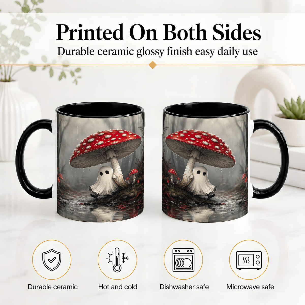 #pl[11oz|Black] Rainy Mushroom Ghost Ceramic Mug, Spooky Forest Art for Ghost Fans