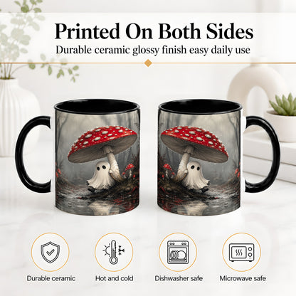 #pl[11oz|Black] Rainy Mushroom Ghost Ceramic Mug, Spooky Forest Art for Ghost Fans