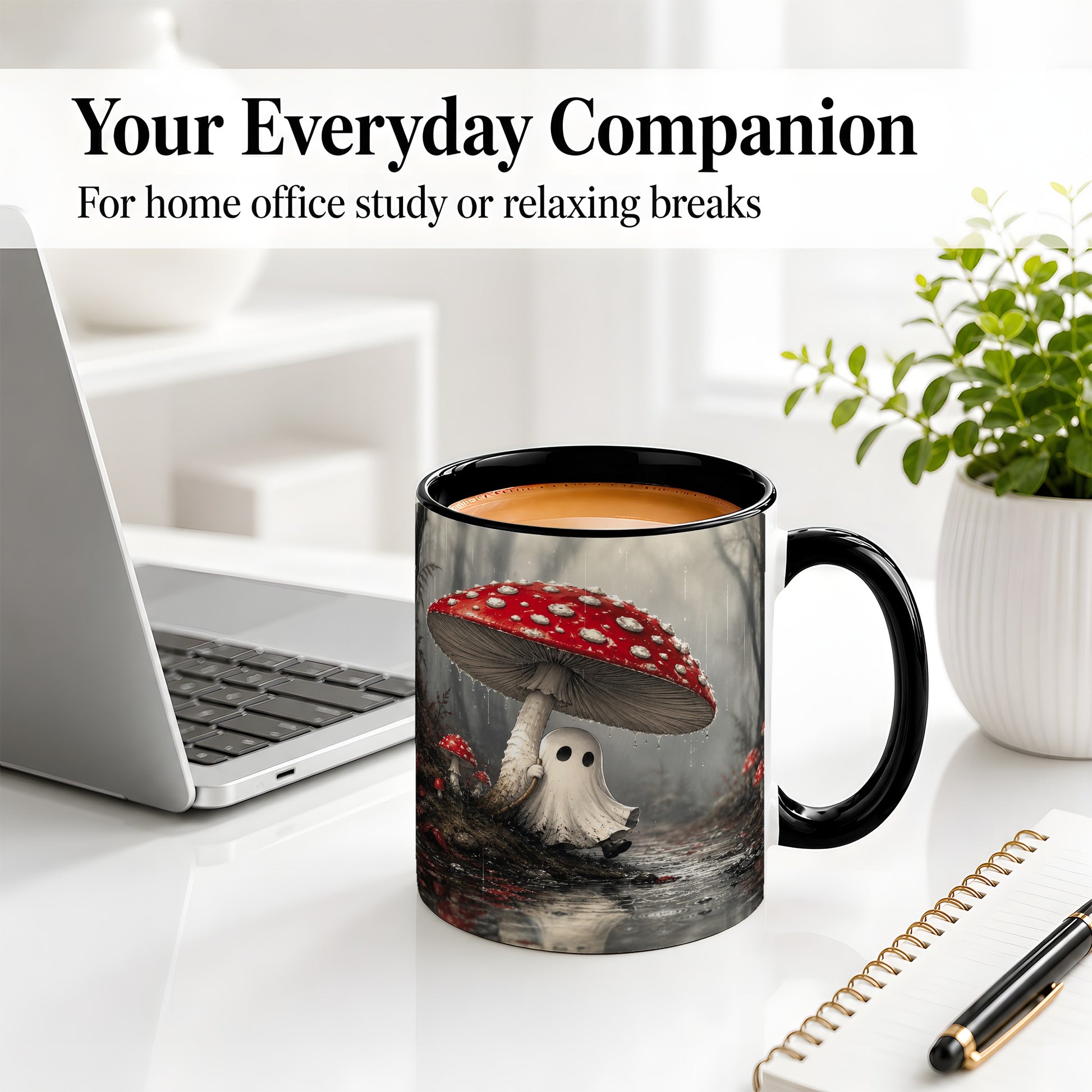 #pl[11oz|Black] Rainy Mushroom Ghost Ceramic Mug, Spooky Forest Art for Ghost Fans